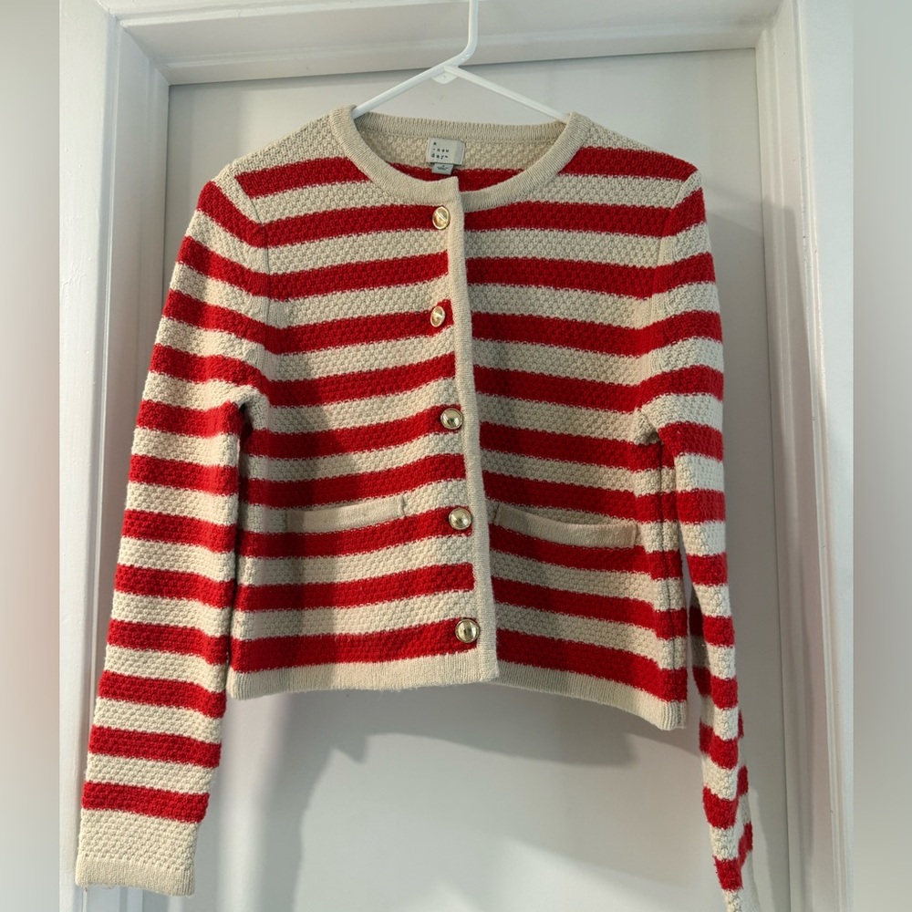a new day Red & Cream Striped Button-Front Cardigan